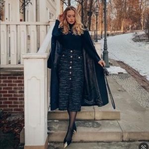 Zara Black Gold Blogger's Fav Tweed Buttoned Pencil Slit Skirt Women’s Small